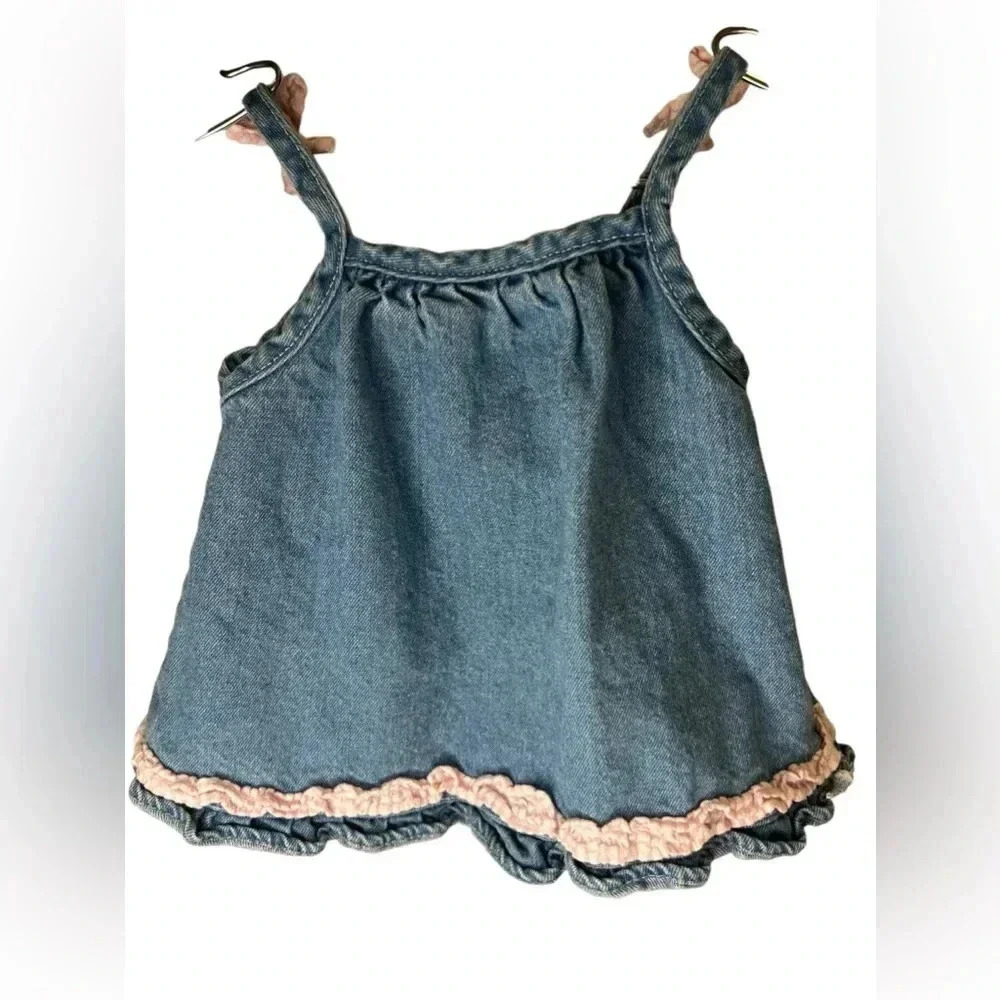 Vintage cradle togs denim  dress 18M gingham heart flower appliqué ruffle girls - Picture 2 of 10